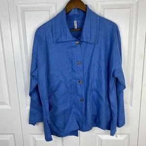 Xiao Size M Top Blouse Blue 100% Linen Artsy Art To Wear Button Up Long Sleeve